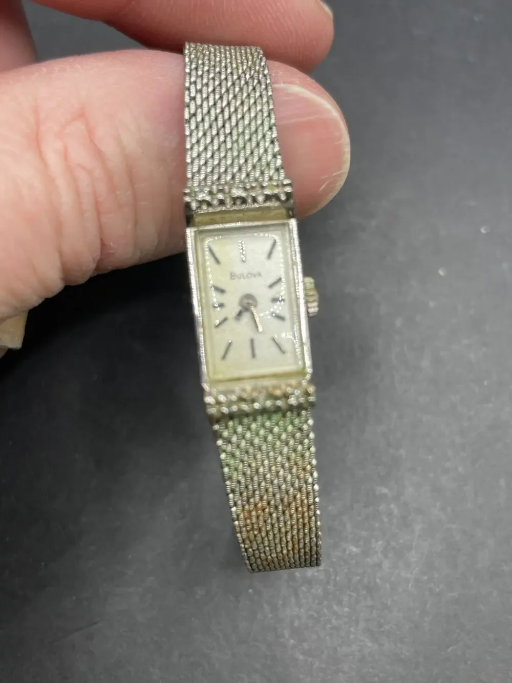 Vintage BULOVA N9 Women Watch Mechanical Silver Tone Diamond Bezel 10.4MM